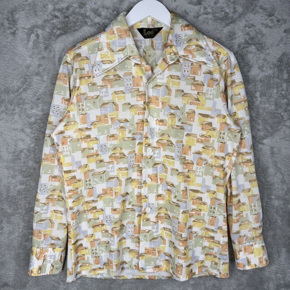 Vtg 70s Lee Shirt Mens Medium Button Up Printed Aop Houses Dagger Collar USA